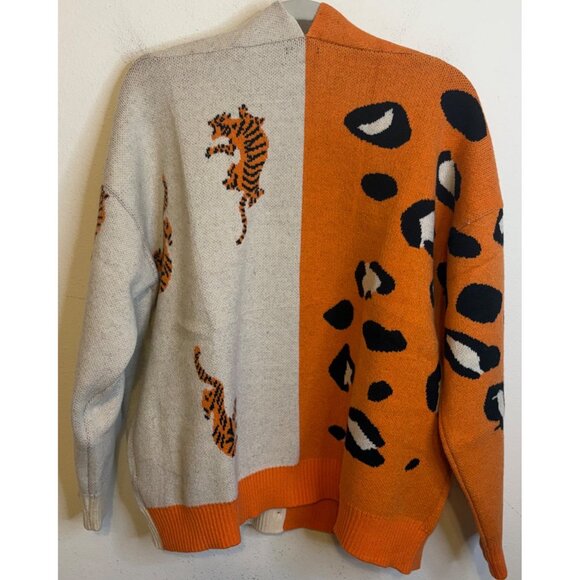 Women TIGER Animal Print Sweater Cardigan Button Long Sleeve Orange Black XL - Picture 2 of 3